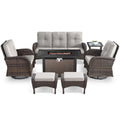 7 Piece Outdoor Patio Furniture Set, Patio Furniture Set with Fire Pit Table Rattan Wicker Patio Furniture Set, Brown Wicker & Beige Cushion