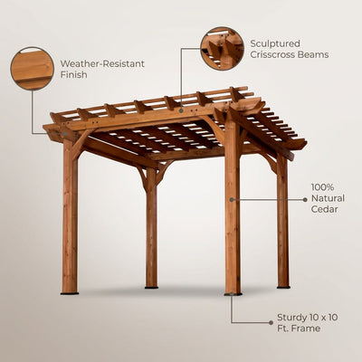 10 Ft. X 10 Ft. Traditional All Cedar Wood Outdoor Patio Pergola Shade Structure