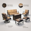 Black Metal Meshed 7 Seat 6-Piece Steel Outdoor Fire Pit Patio Set with Beige Cushions, Black Rectangular Fire Pit Table