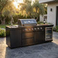 Outdoor Kitchen Island Black Stainless Steel with Sink & 46-Inch 4-Burner 72000 BTU Grill, Wine Cooler, Refrigerator, Rotisserie Kit & Granite Countertops