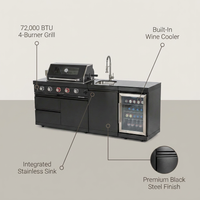 Outdoor Kitchen Island Black Stainless Steel with Sink & 46-Inch 4-Burner 72000 BTU Grill, Wine Cooler, Refrigerator, Rotisserie Kit & Granite Countertops — Lifestyle