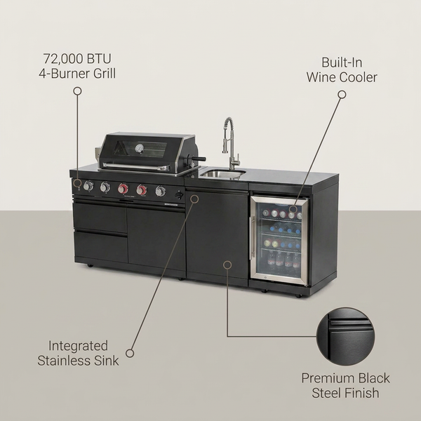 Outdoor Kitchen Island Black Stainless Steel with Sink & 46-Inch 4-Burner 72000 BTU Grill, Wine Cooler, Refrigerator, Rotisserie Kit & Granite Countertops