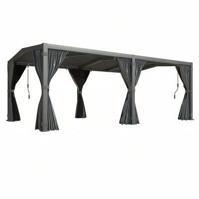 12X20 Louvered Pergola,Dark Grey Aluminum Frame with Adjustable Rainproof Roof, Featuring Waterproof Curtains and Nets