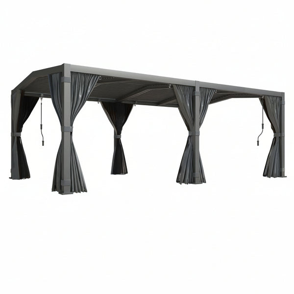 12X20 Louvered Pergola,Dark Grey Aluminum Frame with Adjustable Rainproof Roof, Featuring Waterproof Curtains and Nets