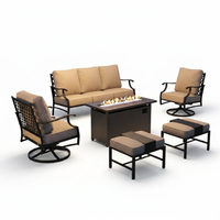 Black Metal Meshed 7 Seat 6-Piece Steel Outdoor Fire Pit Patio Set with Beige Cushions, Black Rectangular Fire Pit Table — Studio Shot