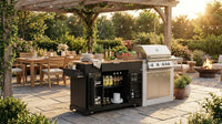 Black 48.5 In. Outdoor Kitchen Island Grill Cart with Wood Tabletop and Storage Cabinet — Lifestyle