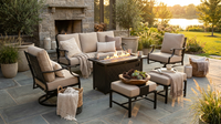 Black Metal Meshed 7 Seat 6-Piece Steel Outdoor Fire Pit Patio Set with Beige Cushions, Black Rectangular Fire Pit Table — Lifestyle